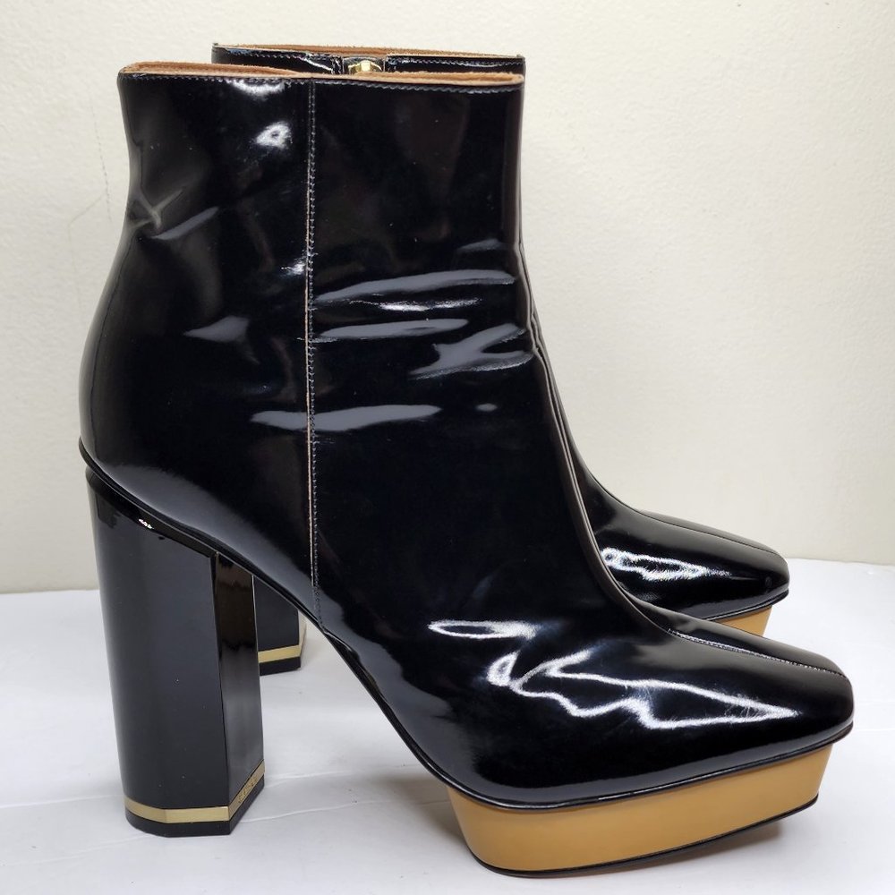 Calvin Klein Bernadet Platform Black Gold Patent Leather Boots Retro 70's sz 9